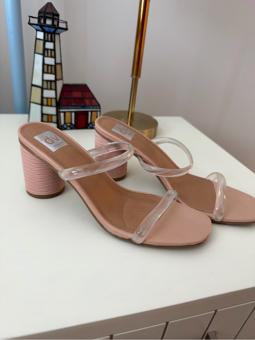 Dolce Vita Blush Pink Clear-Strap Block Heel Sandals